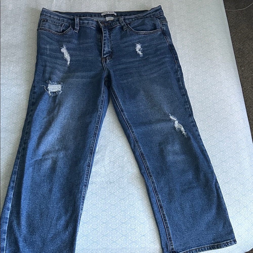 Luna Nora Classic Blue Distressed Cropped Jeans